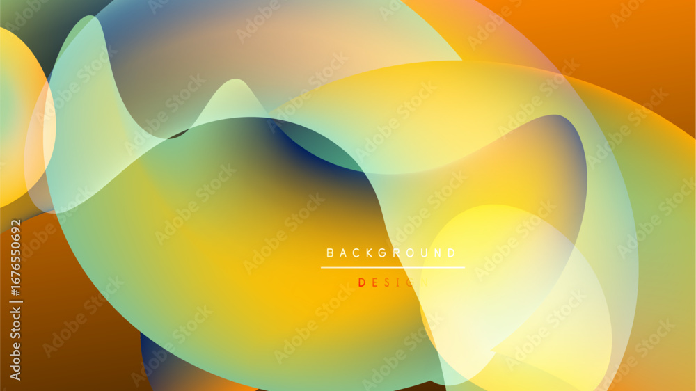 Poster abstract fluid shapes overlap, creating vibrant orange, yellow, blue gradients. dark background emph
