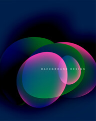 Abstract colorful overlapping circles create dynamic visual effect. Dark background enhances vibrant hues, modern design element.