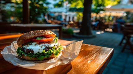 A delectable burger rests on a wooden outdoor table, surrounded by a relaxed outdoor dining area.