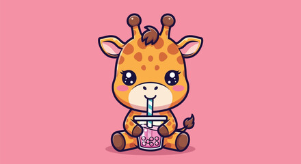 Obraz premium Cartoon Giraffe Drinking Bubble Tea - Cute Animal Illustration