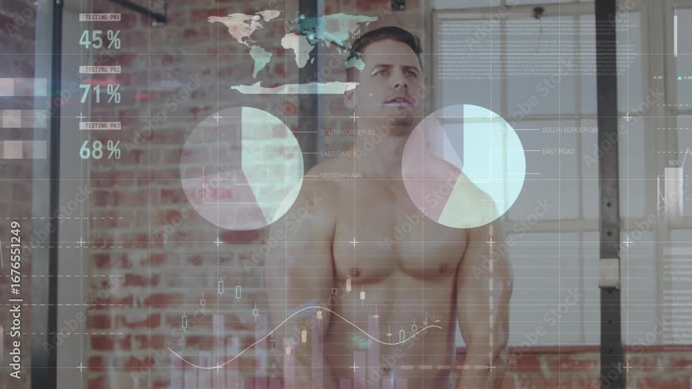 Poster animation of data processing and statistics over strong man exercising