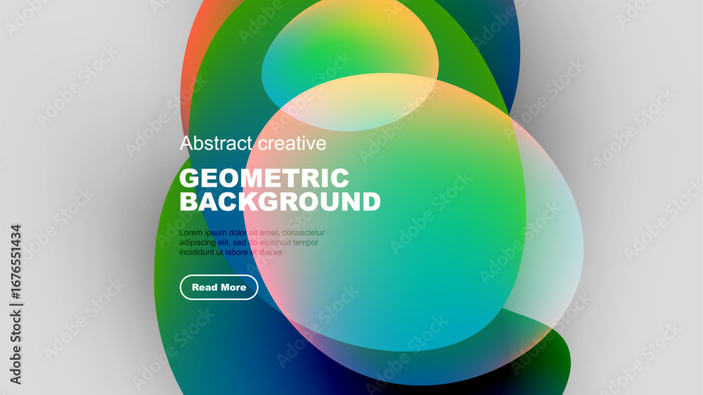 Poster vibrant abstract shapes overlap, creating colorful geometric background. text elements present desig