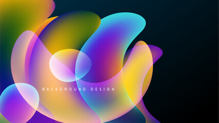 Abstract colorful shapes overlap, creating vibrant gradients. Dark background emphasizes luminosity, modern design aesthetic.