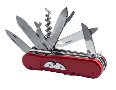 Angled Side Perspective of Multi-Tool Pocket Knife Partially Open, isolated on white background