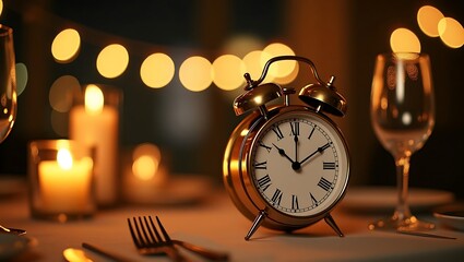 Romantic dinner time clock candles and wine glasses for special occasions and celebrations at night time