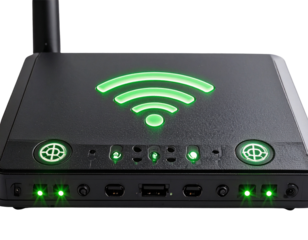 Close-Up of Router Front Panel with Glowing Green Connection Symbols, futuristic tech concept, isolated on transparent background