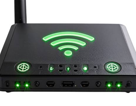 Close-Up of Router Front Panel with Glowing Green Connection Symbols, futuristic tech concept, isolated on transparent background