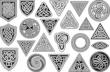 Intricate Celtic Knotwork and Tribal Tattoo Design Collection – Black and White Shields, Triskelions, and Abstract Patterns for Tattoo Art, Branding, and Decorative Graphic Projects
