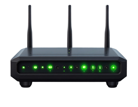 Modern Black Wireless Internet Router Front View with Green Status Lights, isolated on transparent background - Powered by Adobe
