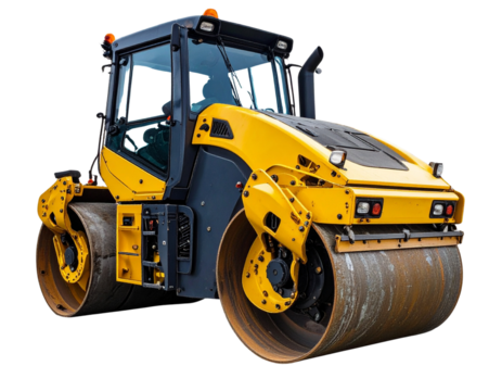  Side Angle of Modern Road Roller with Operator Cabin, isolated on transparent background