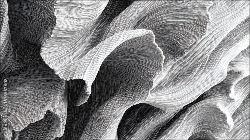 Poster abstract grayscale image showcasing intricate, flowing lines and organic forms.