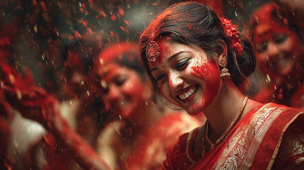 durga puja sindoor festival, women playing with vermillion powder 