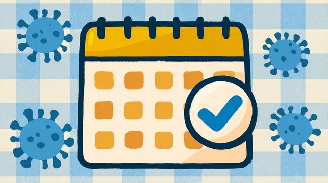 Calendar illustration with checkmark and virus icons