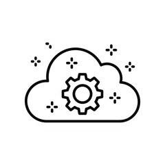 Cloud Tech Icon: A simple line art illustration of a cloud with a gear, representing technology and data storage, suitable for tech and business themes.