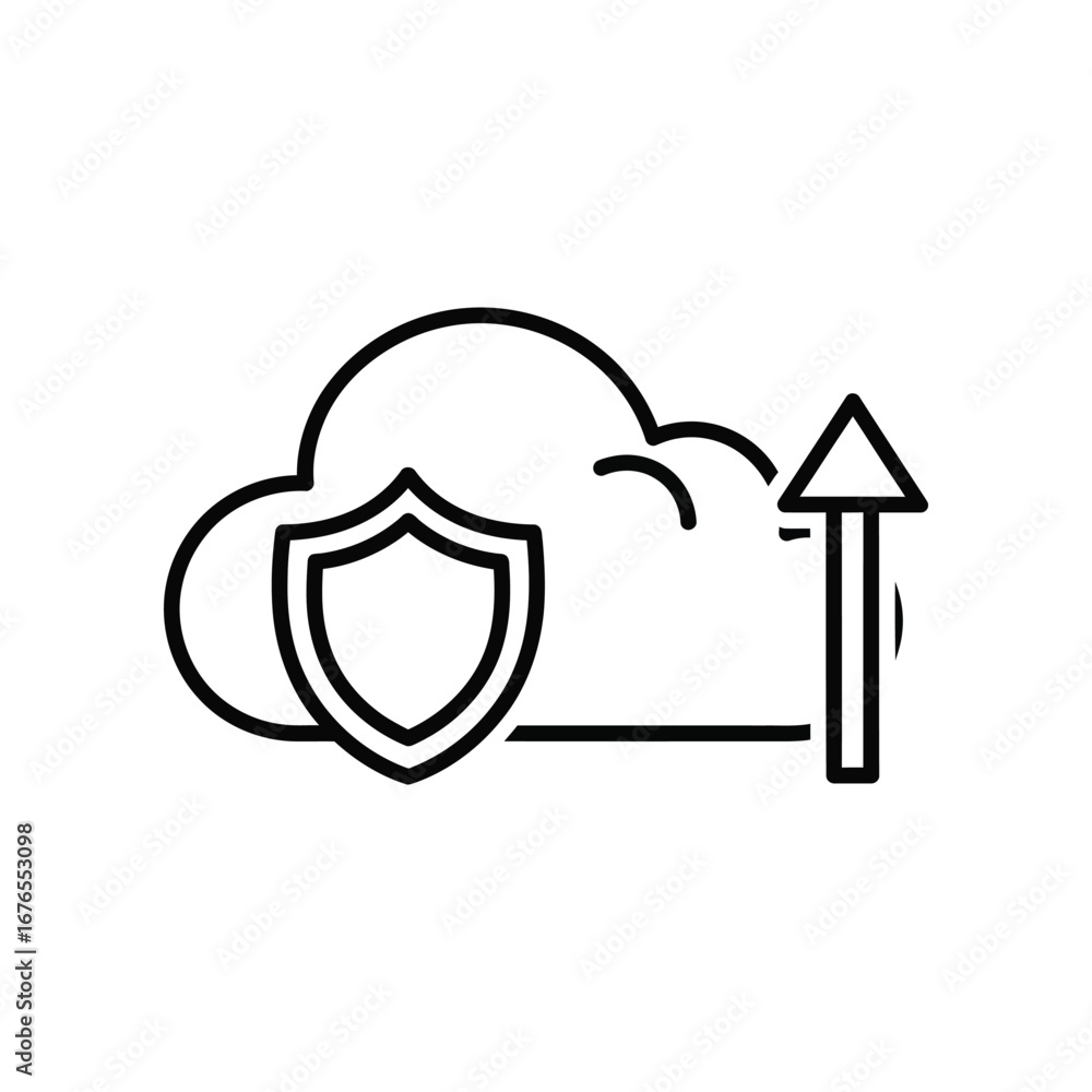 Poster digital cloud security: a minimalist, vector illustration depicting a cloud with a shield and upward