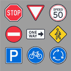 Traffic Signs Set Illustration on Grey Background Road Safety Symbols
