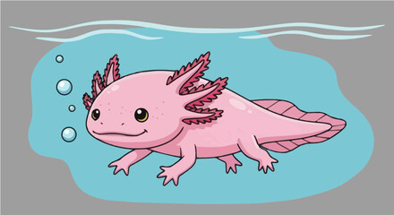 Cartoon Axolotl Swimming in Water with Bubbles, Pink Salamander Illustration