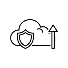 Digital Cloud Security: A minimalist, vector illustration depicting a cloud with a shield and upward arrow, conveying data protection and secure digital cloud storage.