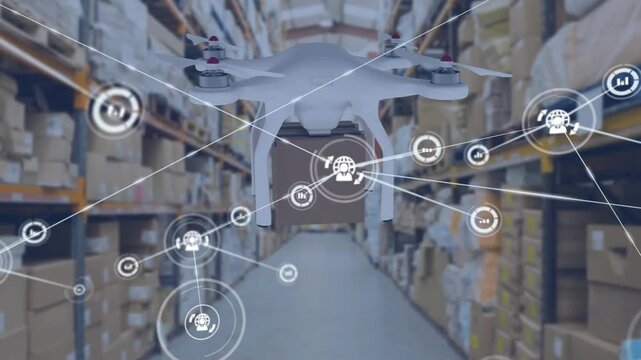 Animation of icons connected with lines and drone with box flying between shelves in warehouse