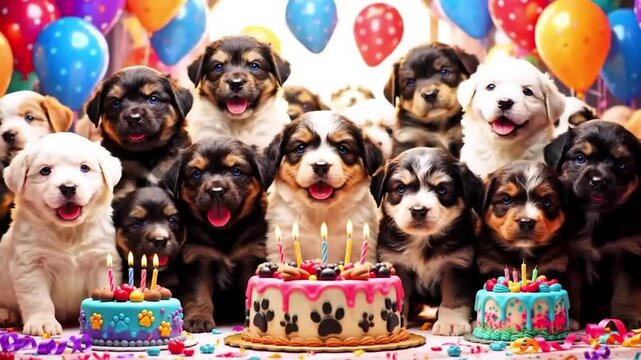 A joyful celebration of puppyhood! A charming gathering of adorable puppies, gathered for a birthday bash complete with colorful balloons, festive cake, and the heartwarming bond of companionship
