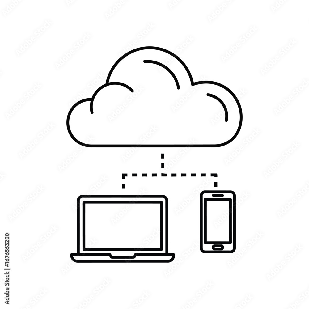 Fototapete cloud data synchronization: illustrative outline of a cloud above a laptop and phone, showcasing con
