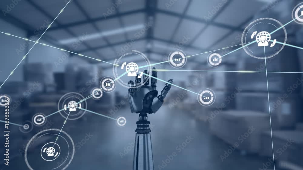 Aufkleber animation of multiple icons connected with lines and rotating robotic arm in warehouse