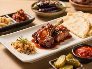 braised masterstock lamb neck, glazed with hoisin, gochujang, snd black vinegar. Served with steamed pancakes and accompaniments