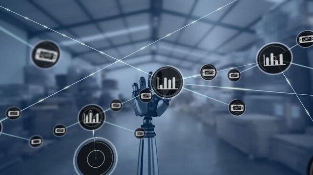 Animation of multiple icons connected with lines and rotating robotic arm in warehouse - Powered by Adobe