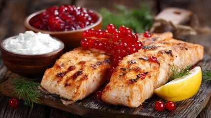 Grilled salmon fillets with cranberry sauce and sour cream, garnished with fresh dill and lemon.