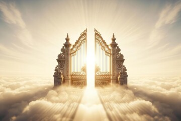 Heavenly gates open to golden light in clouds