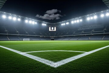 Stadium lights illuminate empty soccer field at night