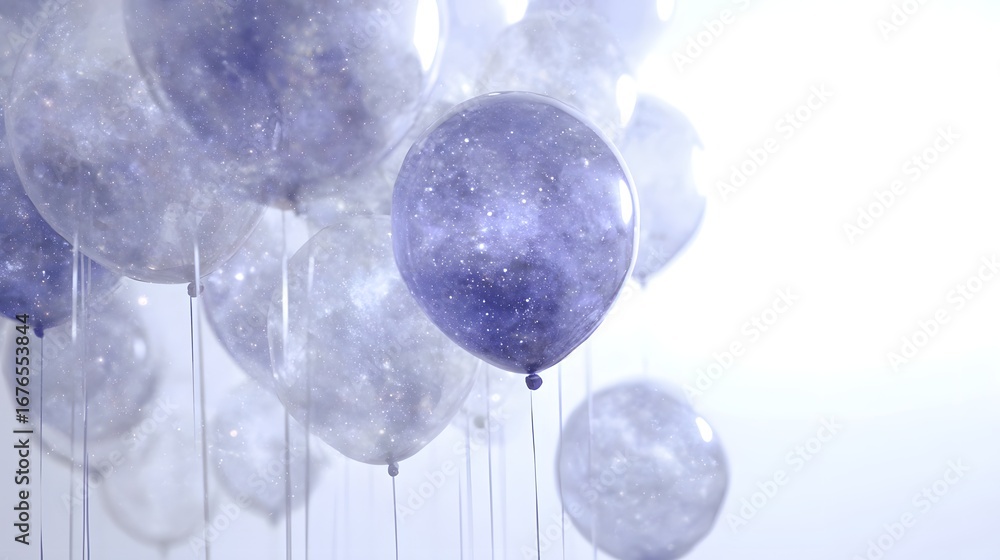 Poster many large, translucent balloons, adorned with a subtle, celestial pattern, hang suspended in a soft