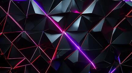 Abstract Dark Polygonal Surface with Glowing Neon Lines.