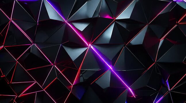 Abstract Dark Polygonal Surface with Glowing Neon Lines.