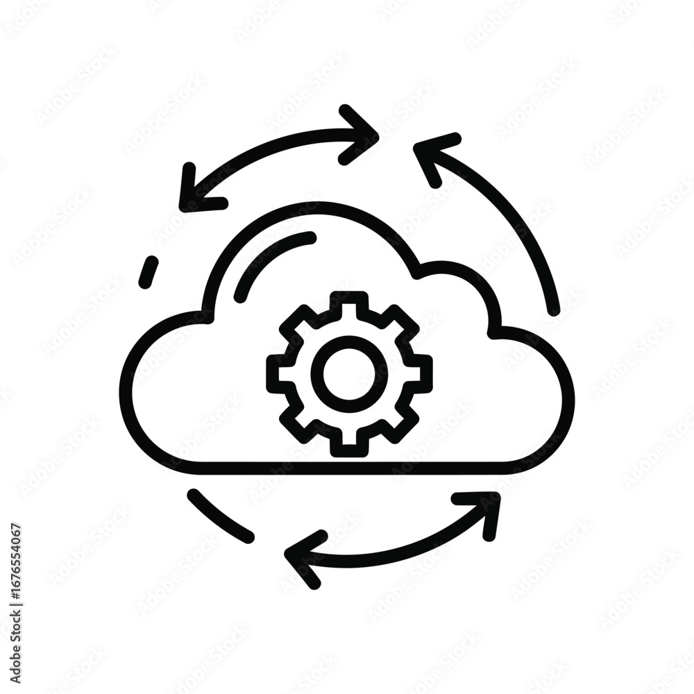 Aufkleber cloud data flow: a sleek, modern illustration of a cloud with a gear at its center, encompassed by a