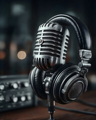 Retro microphone and headphones on a table