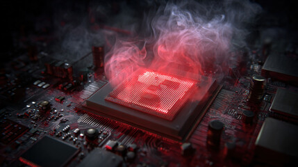 Red glowing CPU emitting smoke surrounded by blurred circuits showing dramatic technology failure needing intervention