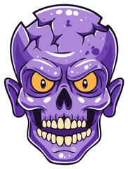 Fototapeta premium Purple zombie skull with cracked head and glowing yellow eyes cartoon illustration