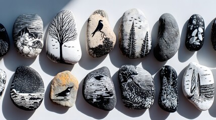 Hand-drawn scenes of nature, featuring trees, birds, and landscapes, on various stones, creating a tranquil and artistic collection.
