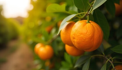 Orange garden with ripe oranges on tree branches. Beautiful orange trees in an orchard. Fruit trees laden with ripe fruits. Juicy citrus fruits ripening in the sun