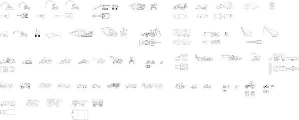 A detailed vector collection of various construction and mining equipment, shown in a black-and-white illustration suitable for architectural, engineering, and industrial design projects.