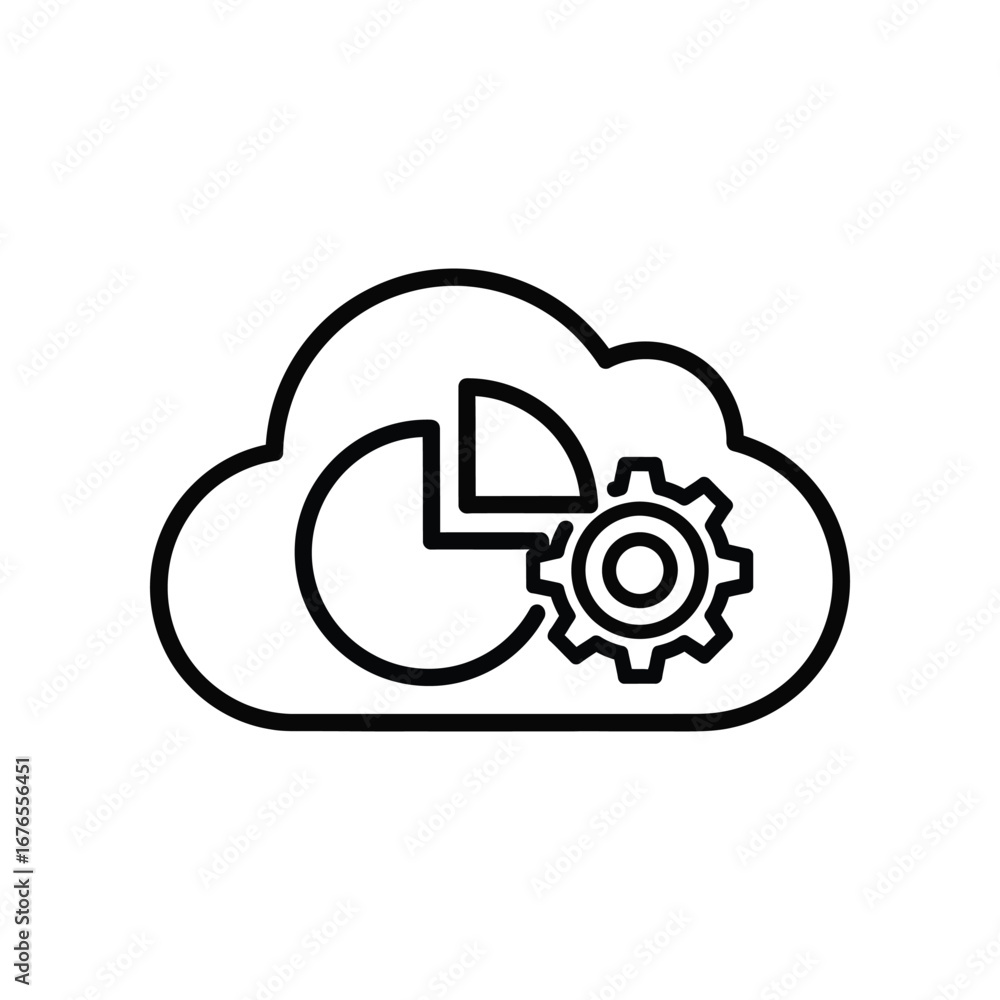 Poster cloud computing: a sleek line drawing depicts a cloud intertwined with a data pie chart and a gear.