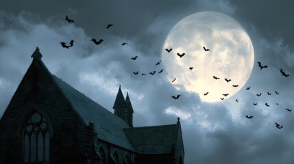 Fototapeta premium A gothic church stands silhouetted against a night sky filled with bats and a full moon, evoking a mysterious and eerie mood.