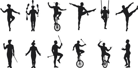 Circus performer silhouettes, acrobats, jugglers, trapeze artists, unicyclists, entertainers, carnival show, stage performance, balance act, artistic stunt, festival entertainment