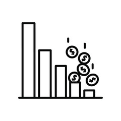 Financial Decline: A symbolic black and white depiction of financial decline, where descending bars represent diminishing success and cascading coin falling indicates economic challenges.