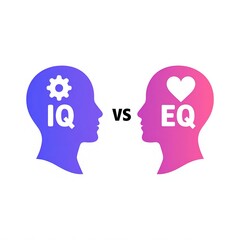 A graphic comparing IQ (intelligence quotient) and EQ (emotional quotient) through colorful silhouettes of heads with symbols representing each