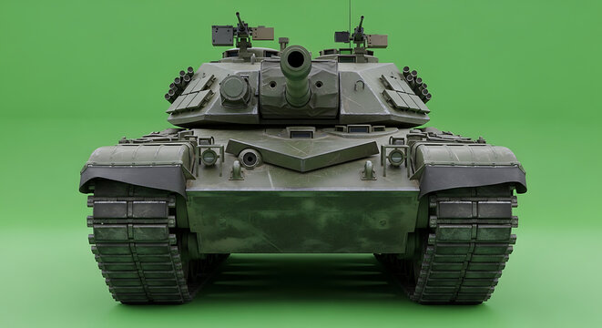 Front view of a detailed military tank with a large cannon and machine guns, set against a solid green background.
