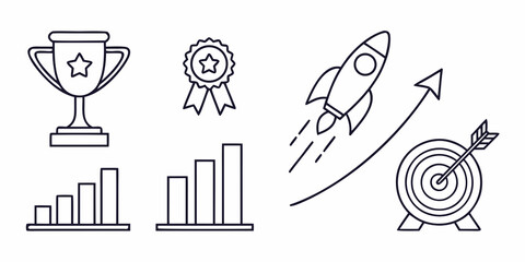 Collection of business growth icons including a trophy medal rocket bar charts and a target with arrow
