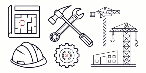 Collection of construction and engineering icons including blueprint tools hard hat gear cranes and building