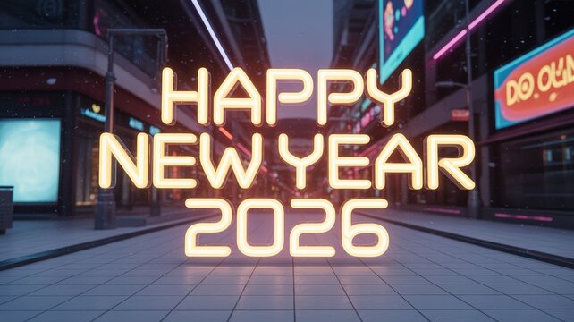 Happy new year 2026 glowing neon text on a futuristic city street at night